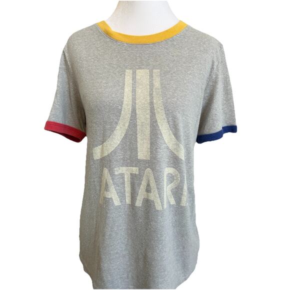 Y2K ATARI Shirt Heather Gray RETRO Video Game 80s Tee T-Shirt Red Yellow Sz L - Picture 1 of 10